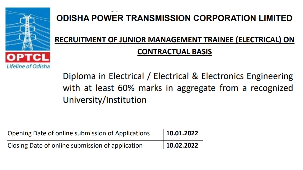 OPTCL RECRUITMENT OF JUNIOR MANAGEMENT TRAINEE (ELECTRICAL) 2022  |