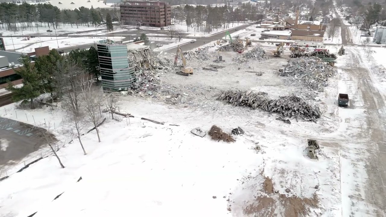 Massive Building Demolition Time-Lapse in Winter Snow