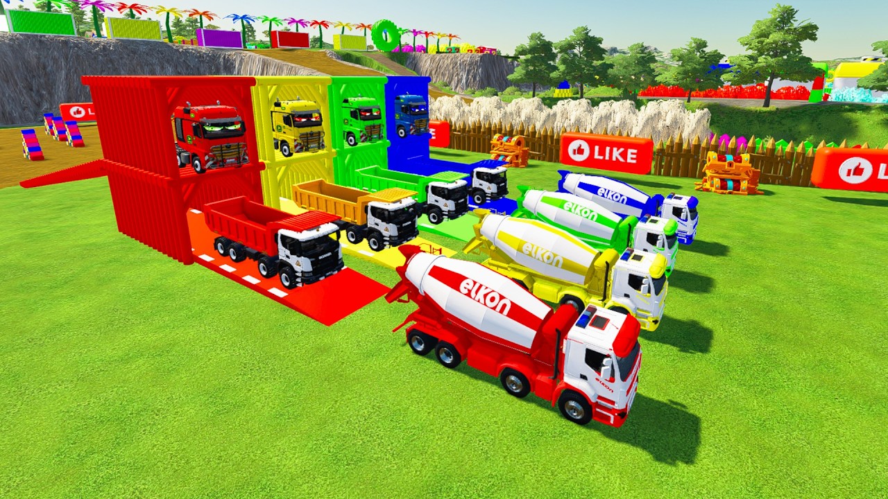 Грузовики разных цветов - красочный самосвал Scania, бетоносмеситель Elkon, перевозящий грузы на ...