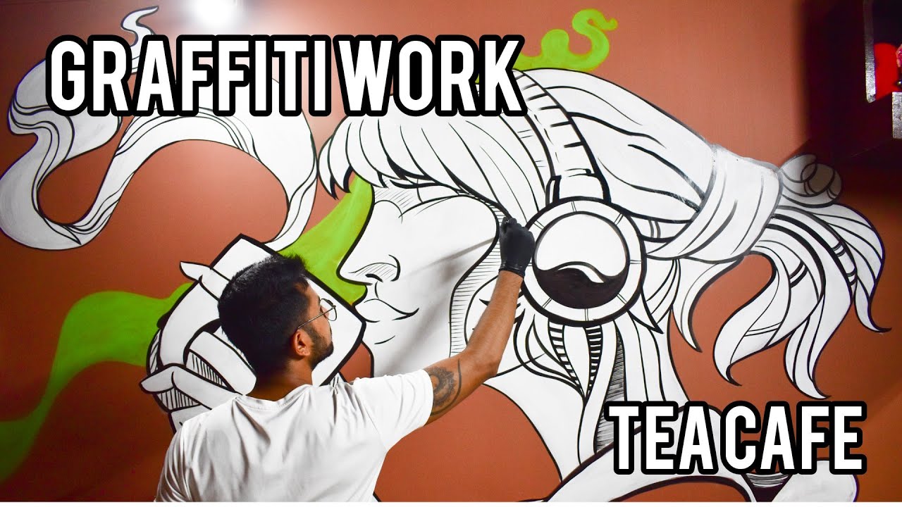 Graffiti work at tea cafe. wall painting tutorial.