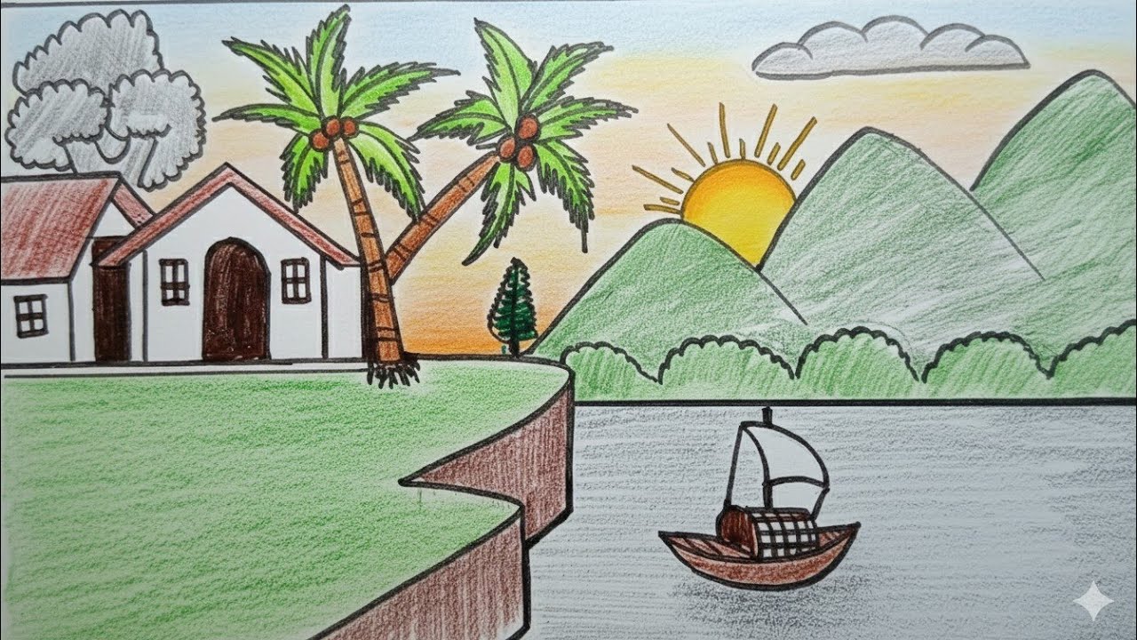 Beautiful Village Scenery Sunset Landscape Drawing for Beginners | House, Boat & Mountain Art