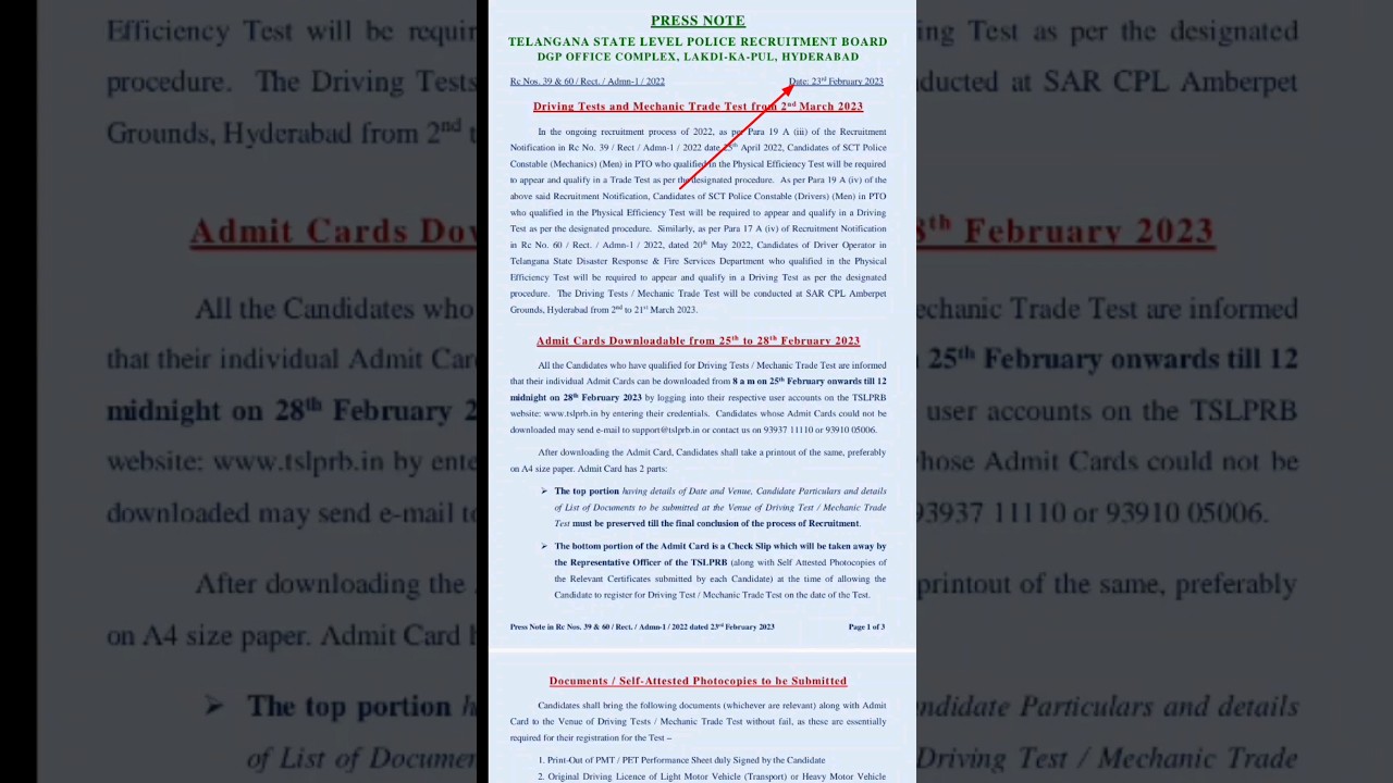 Tslprb updates | Tslprb latest press note | driving test | 