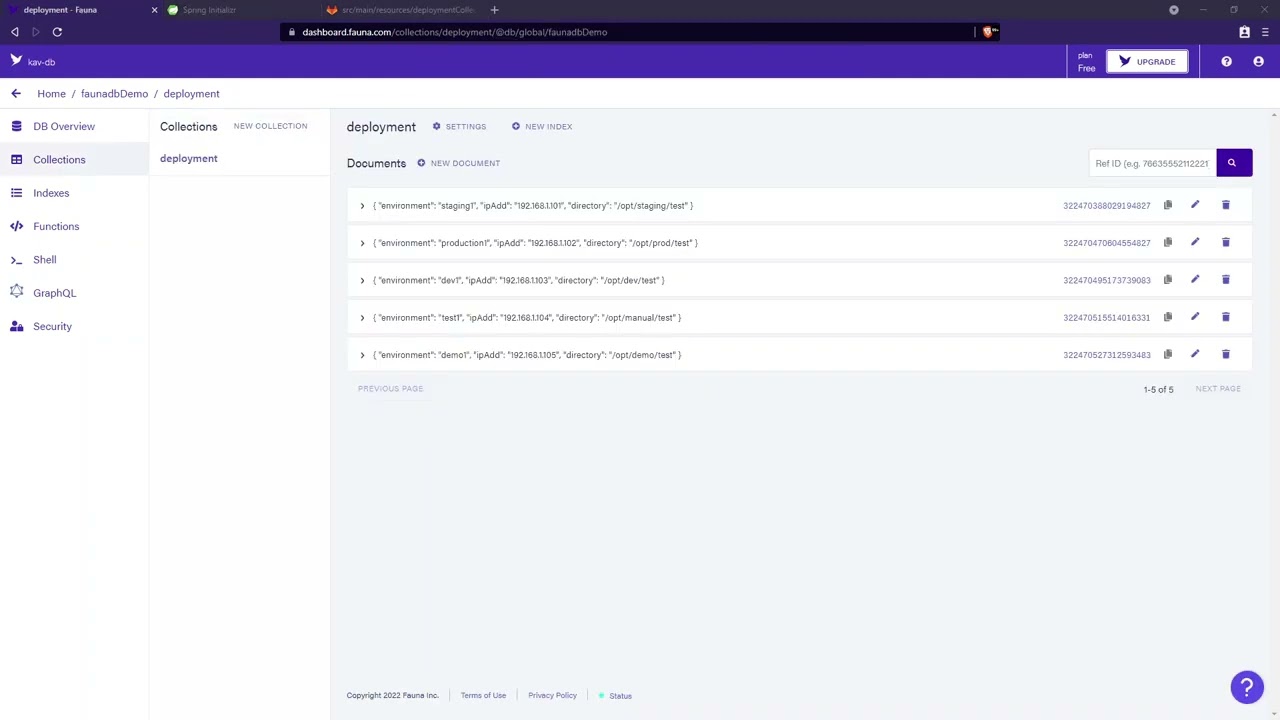 1. Creating database, collection, document and index on faunadb