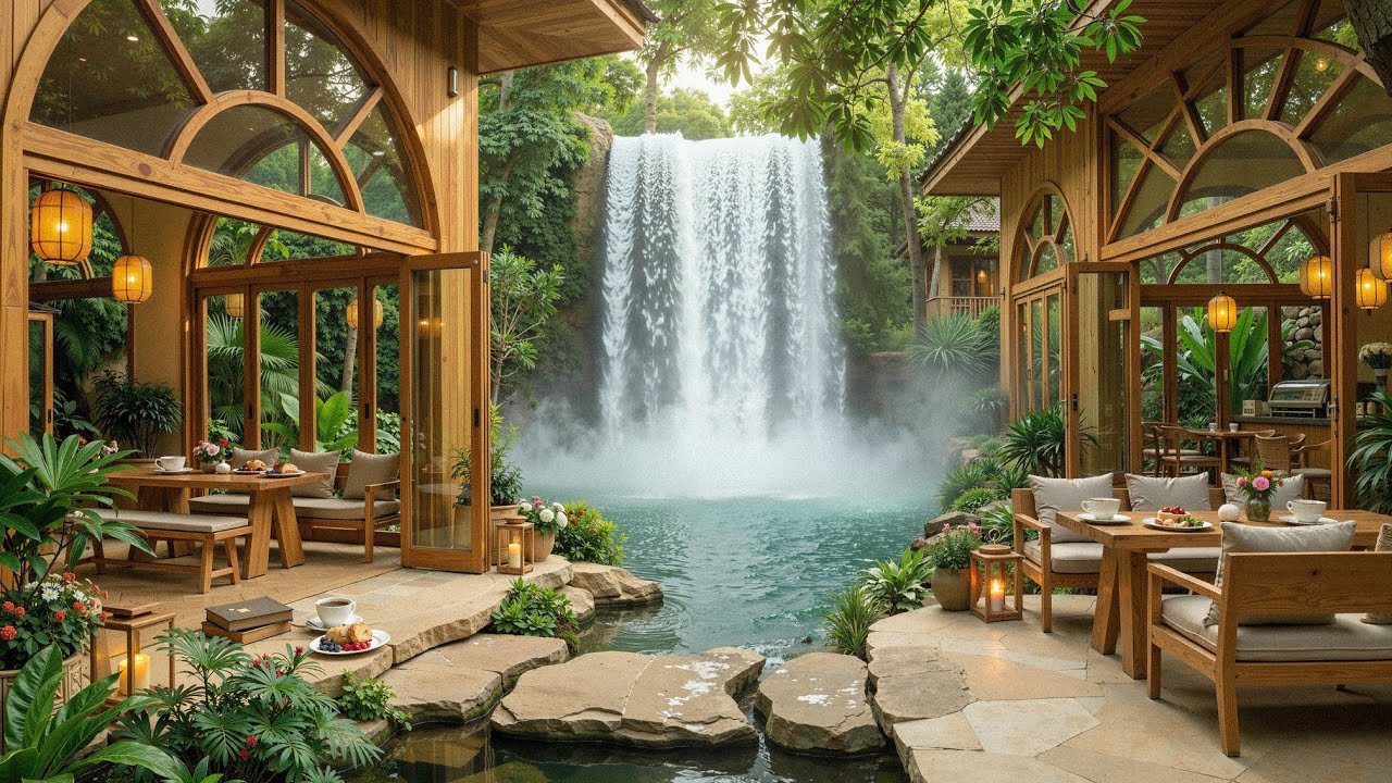 Peaceful Waterfall Garden Jazz | Cozy Outdoor Café with Soft Jazz & Flowing Water for Calm Moments