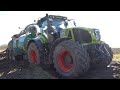 Claas Axion 960 gets Stuck in Mud hole while laying manure & gets pulled up by John Deere 6210R