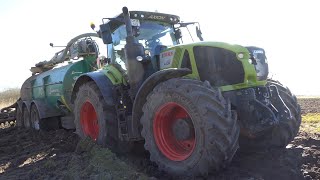 Claas Axion 960 gets Stuck in Mud hole while laying manure & gets pulled up by John Deere 6210R