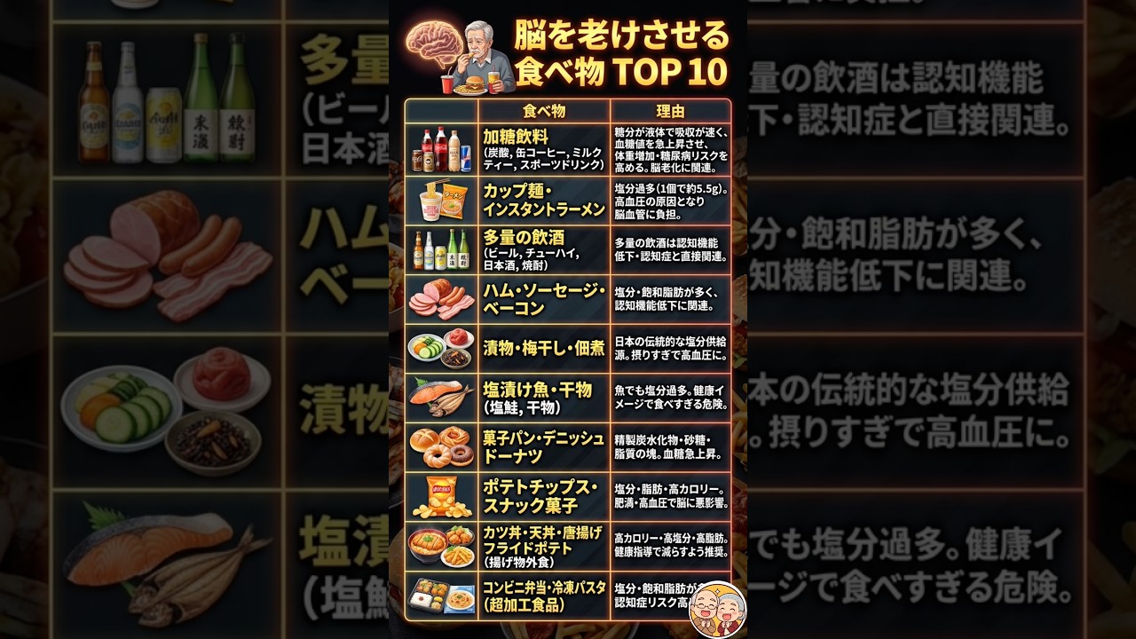 脳がみるみる老ける!?食べてはいけない意外な食品ランキングTOP10 🧠