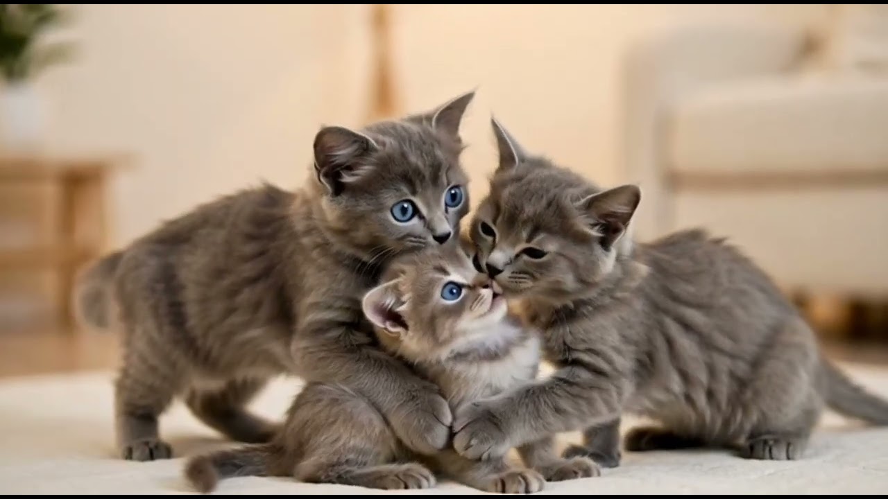 one cat helping small kitten 
