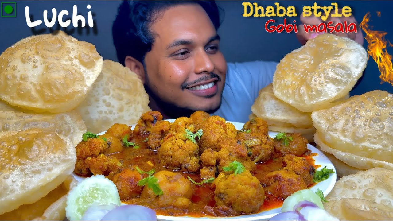 EATING LUCHI/PURI WITH GOBI MASALA(FULKOPI KOSHA)AND SALAD|SPICY SHOW|লুচি দিয়ে ফুলকপি কষা 😋|