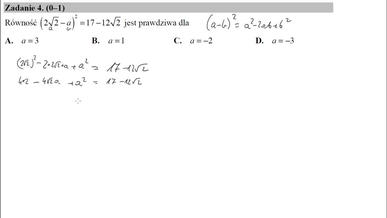 Równość (22 √−a)2=17−122 √ Jest Prawdziwa Dla 4 Równość 22–√−a2=17−122–√ jest prawdziwa dla - YouTube
