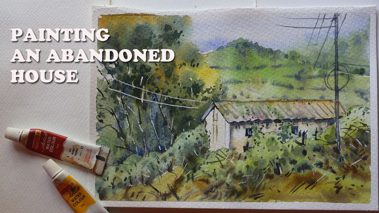 Watercolour painting of an abandoned house | Painting a scenery
