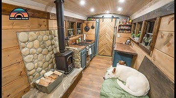 Couples DIY Off Grid Raised Roof School Bus Conversion Tiny House