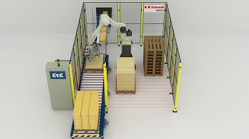 Kawasaki Robotics: EtE Pallet robotic cell with automatic transport of palletised products