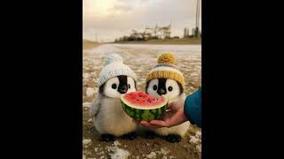 Two Little Penguins Eating Watermelon
