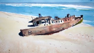 Watercolor painting a boat on sand beach
