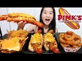 SUPER CHEESY GIANT 12" HOTDOGS! Pink's Chili Cheese Hot Dogs & Cheese Fries - Mukbang w Asmr Eating