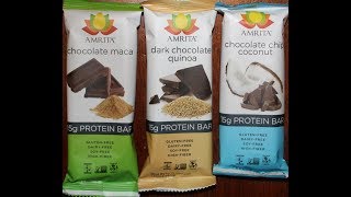 This is a taste test/review of the amrita chocolate maca, dark quinoa
and chip coconut protein bars. they are gluten free, dairy so...