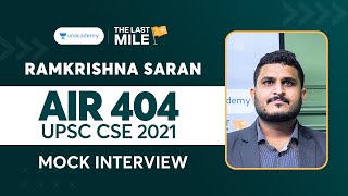Ramkrishna Saran AIR 404 | UPSC CSE IAS 2021 Topper Mock Interview | UPSC Topper Rank 404