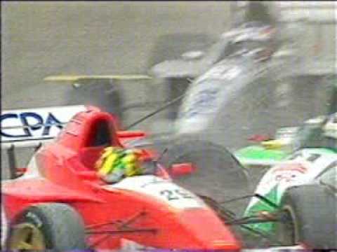 During F3000 practice at Barcelona in 2000, Fernando Alonso kicks up the dust exiting the final corner as just behind him Mario Haberfeld spins. Haberfeld then comes back onto the track and is smashed into by Andrea Piccini and Nicolas Minassian.