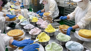 1,000 cakes sold out a day! Amazing rainbow mille crepe cake mass production \/ 彩虹千層蛋糕量產-Food factory