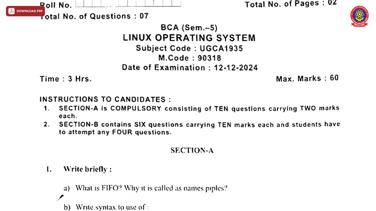 BCA 5TH SEM LINUX OPERATING SYSTEM DEC 2024 | PTU - YouTube