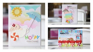 3 Adorable, colourful, spring bunnies cards/Spellbinders/new baby card/birthday card/love card