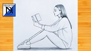كيفية رسم فتاة جالسة تقرأ كتابا | رسومات بالقلم الرصاص للمبتدئين | الرسم خطوة بخطوة