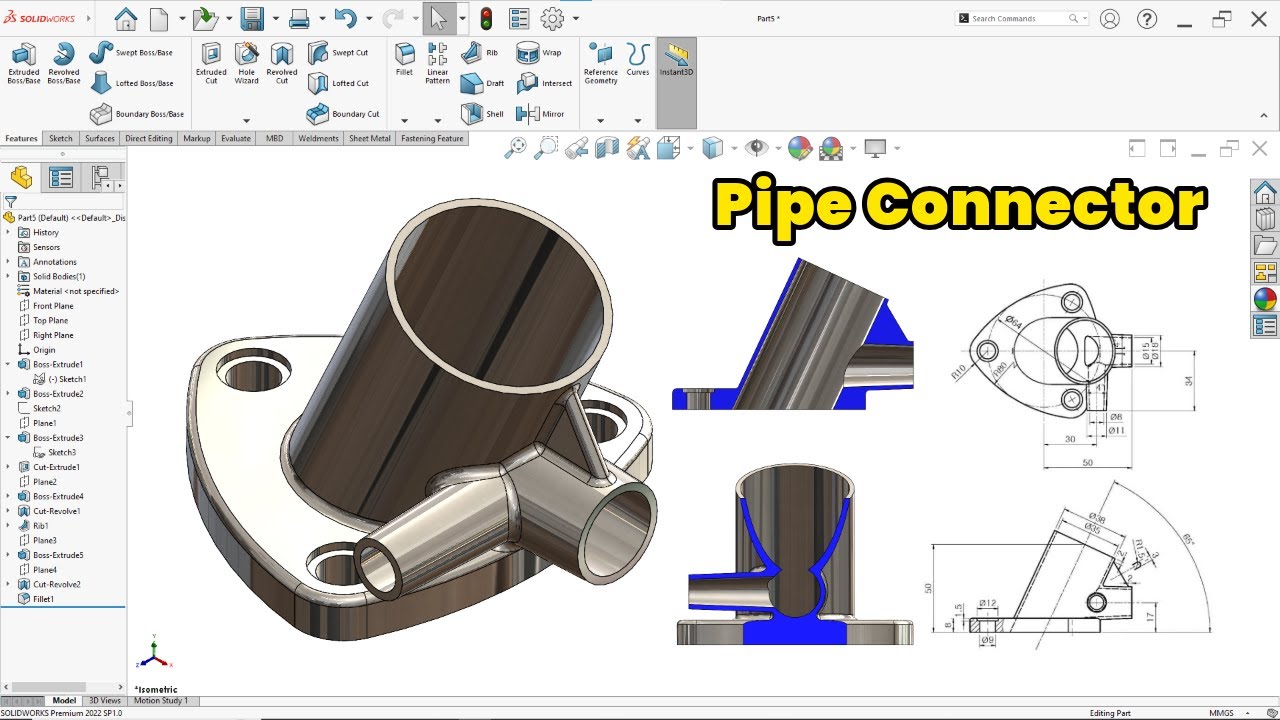 How to Create a Complex Pipe Connector in SolidWorks - YouTube