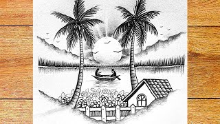 How To Drawing River Rising Sun Scenery