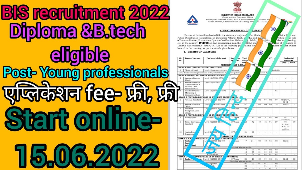 BIS recruitment 2022.B.tech& diploma eligible(young professionals) Post