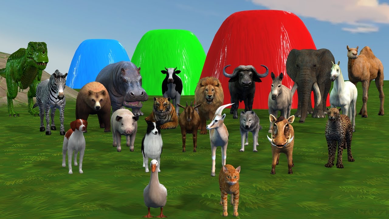 Lion Tiger T-Rex Elephant Cow and other Wild Animals Crossing the Fountain and Escaping Game