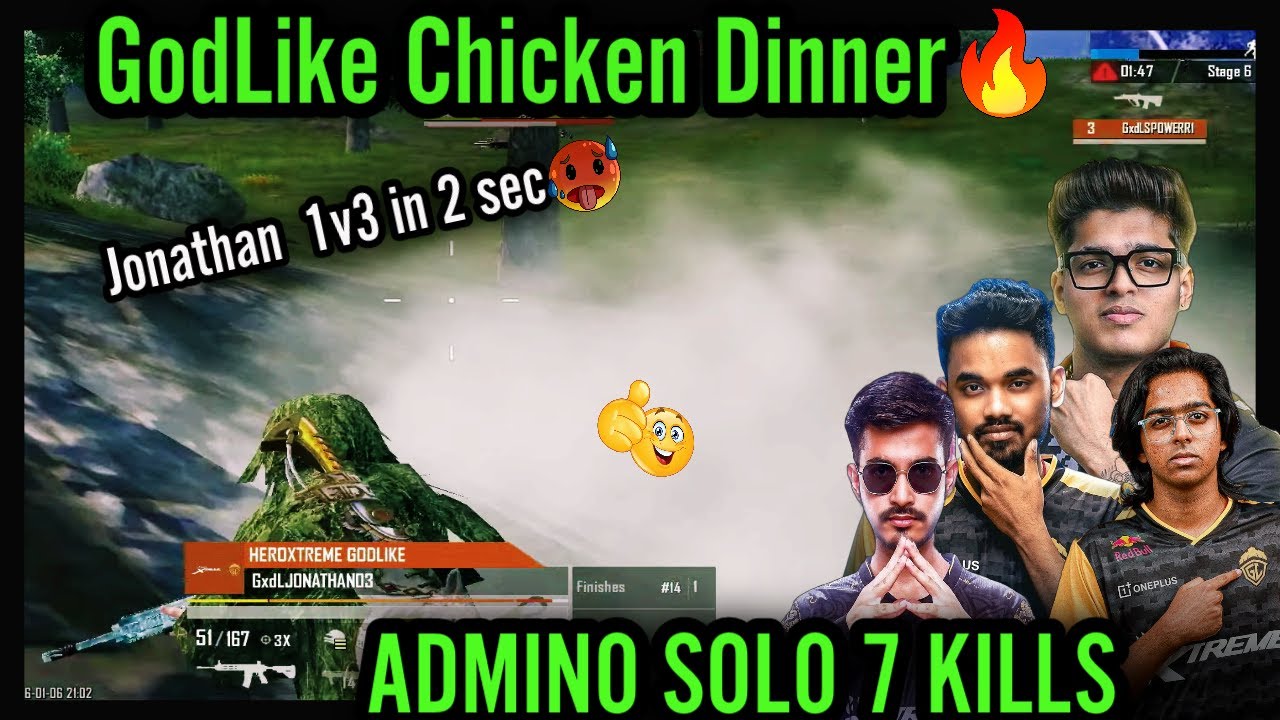 Jonathan 1v3 in 2 Sec🥵GodLike 15 Kills Chicken Dinner🔥Admino Solo 7 ...