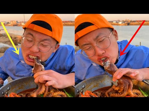 The fishermen cook seafood, show food, asmr 咀嚼音，Spicy octopus P93