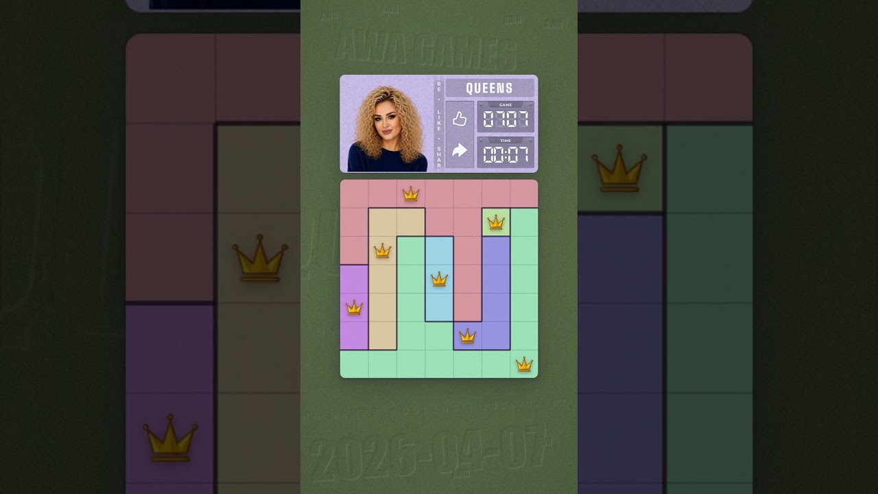LinkedIn Queens #707 solved board for April 7, 2026, 7x7 grid