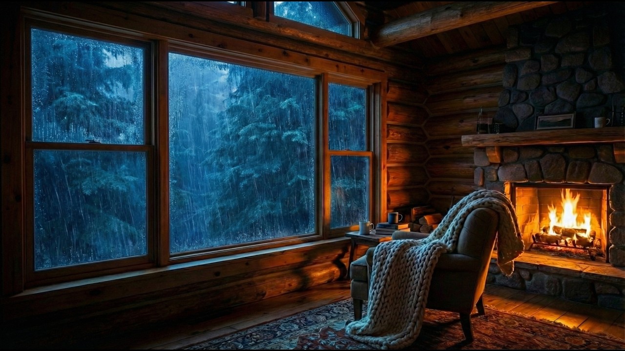 Heavy Rain on Cabin Window 🌧️ | Cozy Fireplace Inside • Safe Shelter for Deep Sleep (8 Hours)