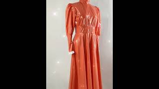 High Neck Long Puff Sleeve A-Line Vinyl Maxi Dress Model Numberl7860