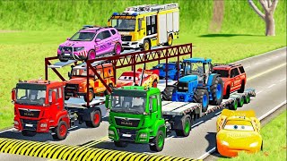 Double Flatbed Trailer Truck vs Speedbumps Train vs Cars | Tractor vs Train Beamng.Drive #26 screenshot 1