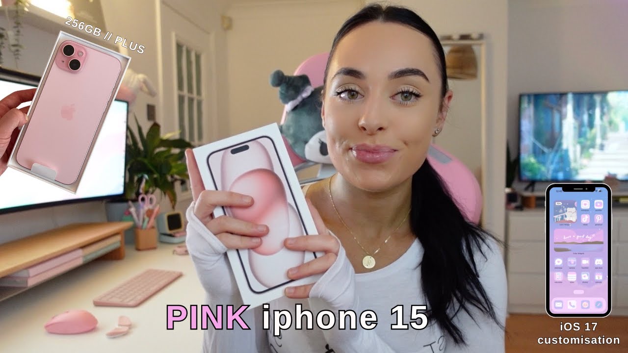 PINK iphone 15 plus unboxing, hands on + iOS 17 customisation
