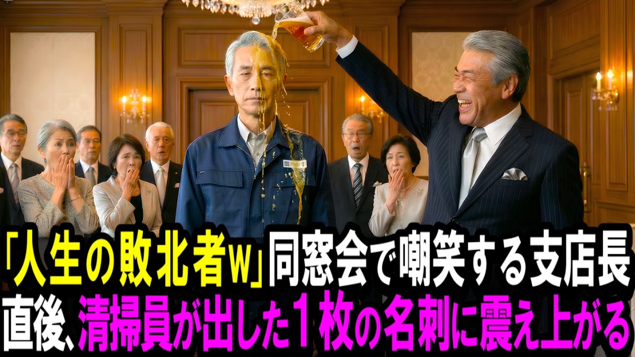 同窓会の宴会場で、黒田正彦が突然こう叫んだ。「月収10万だと？人生の敗北者が、よくこの場所に来れたな。恥ずかしくないのか？」四十年前の卒業式以来、顔を合わせていなかった同級生たちの前で、六十三歳の神崎誠一郎は静かに立ち尽くしていた。着古した作業着に擦り切れたスニーカー。周囲の視線が一斉に突き刺さる。黒田は手に持ったビールをわざと傾け、琥珀色の液体が神崎の肩から胸元へと流れ落ちた。「おっと、手...