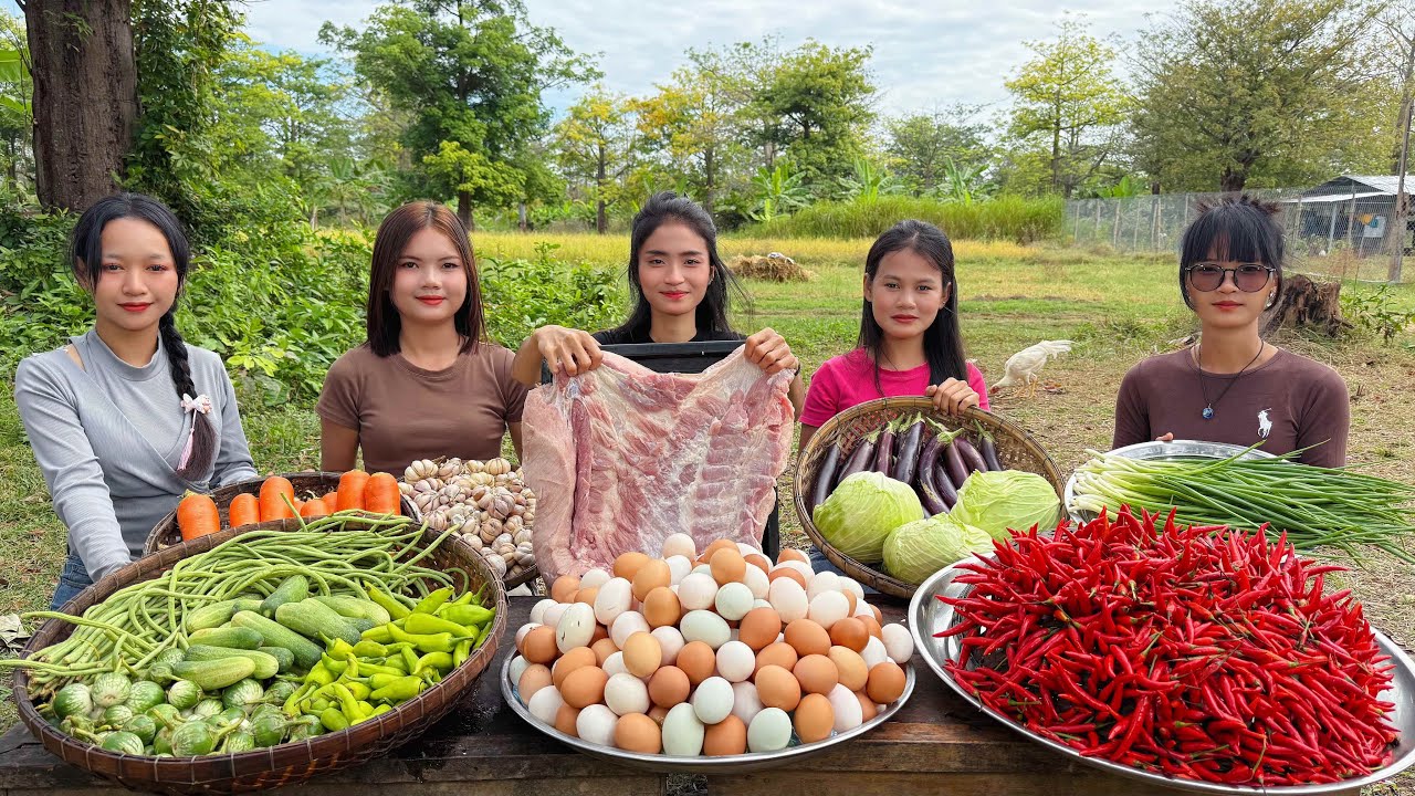 Amazing cooking fresh pork with fresh egg and vegetable recipe in my countryside
