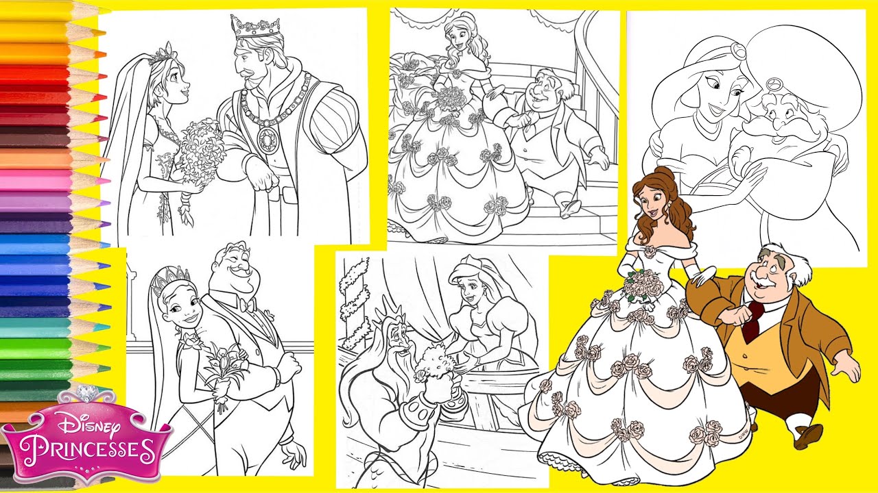 Coloring Disney Princesses Belle Jasmine Ariel Wedding Day Walking Down the Aisle - Coloring Pages