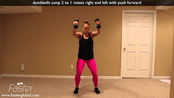 dumbbells jump 2 to 1 rotate right and left with push forward mov