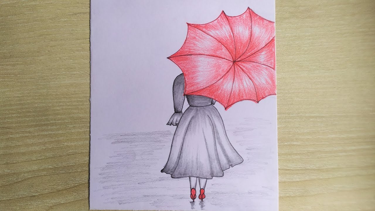 How To Draw A Girl Holding Umbrella Back View || Pencil Drawing For ...