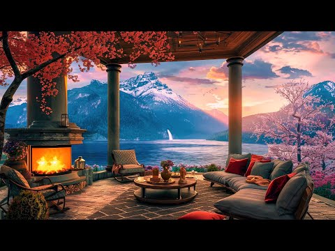 Soothing Jazz Instrumental at Cozy Spring Terrace Ambience with Relaxing Fireplace Sounds for Sleep