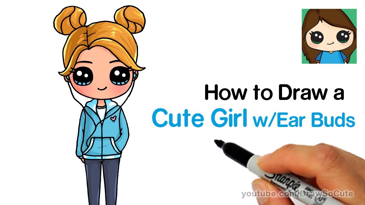 How To Draw A Cute Girl W Ear Buds Easy Youtube - how to draw a roblox character girl easy