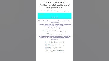 Find the sum of all coefficients of even powers of x of f(x) #maths #matholympiad