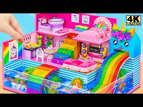 Make Aquarium Around Mini Pink House With Rainbow Unicorn Slide from Cardboard | DIY Miniature House