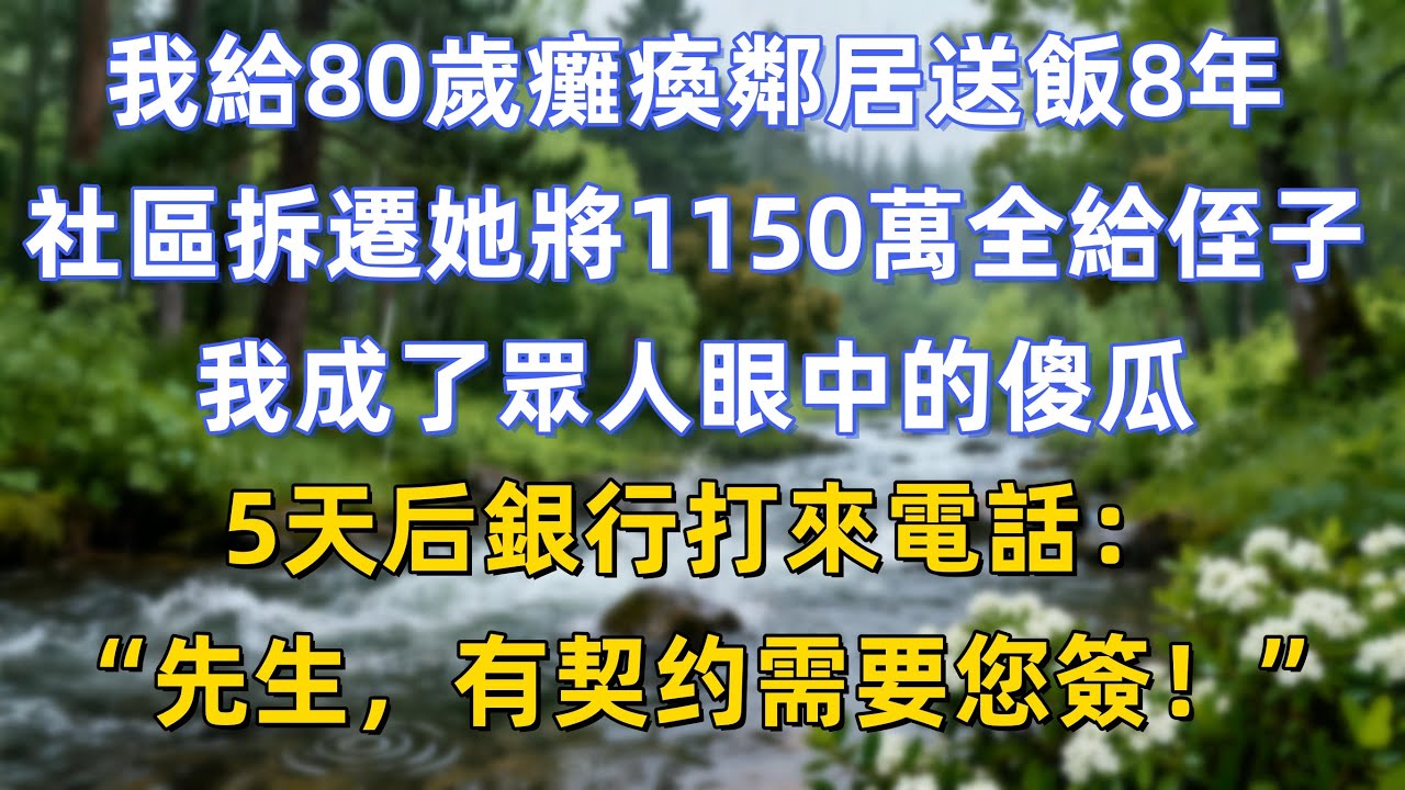 我給80歲癱瘓鄰居送飯8年，社區拆遷她將1150萬全給了侄子，我成了眾人眼中的傻瓜，5天后銀行打來電話：“先生，有契约需要您簽！”