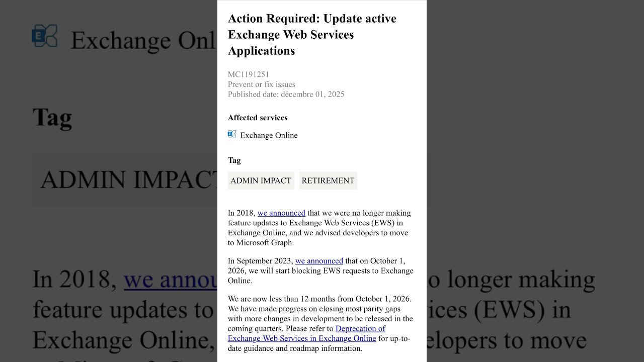 MC1191251 - Action requise: Update active Exchange Web Services Applications