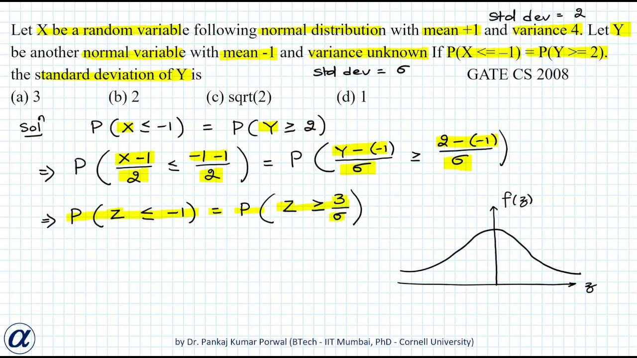 Let X Be A Random Variable Following Normal Distribution With Mean 1 And Variance 4 Gate Cs 08 Youtube